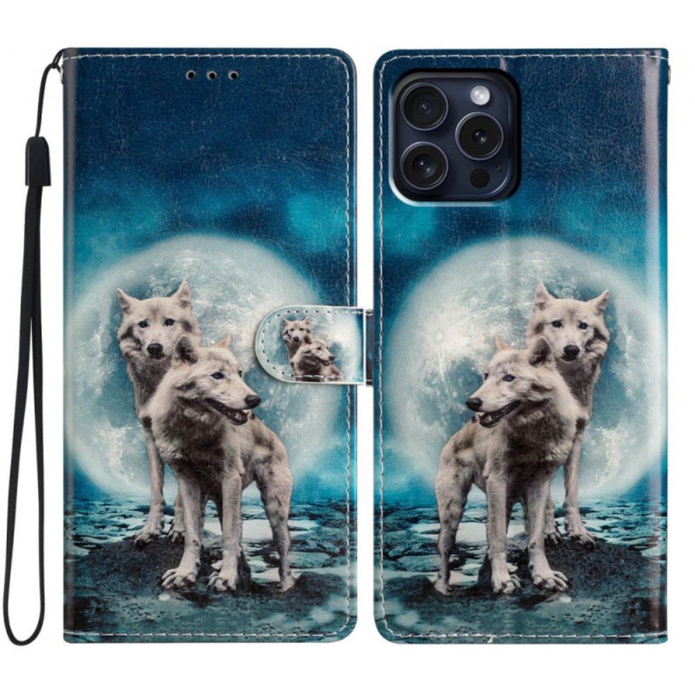 Kožený Kryt iPhone 16 Pro Dva Vlci S Popruhy