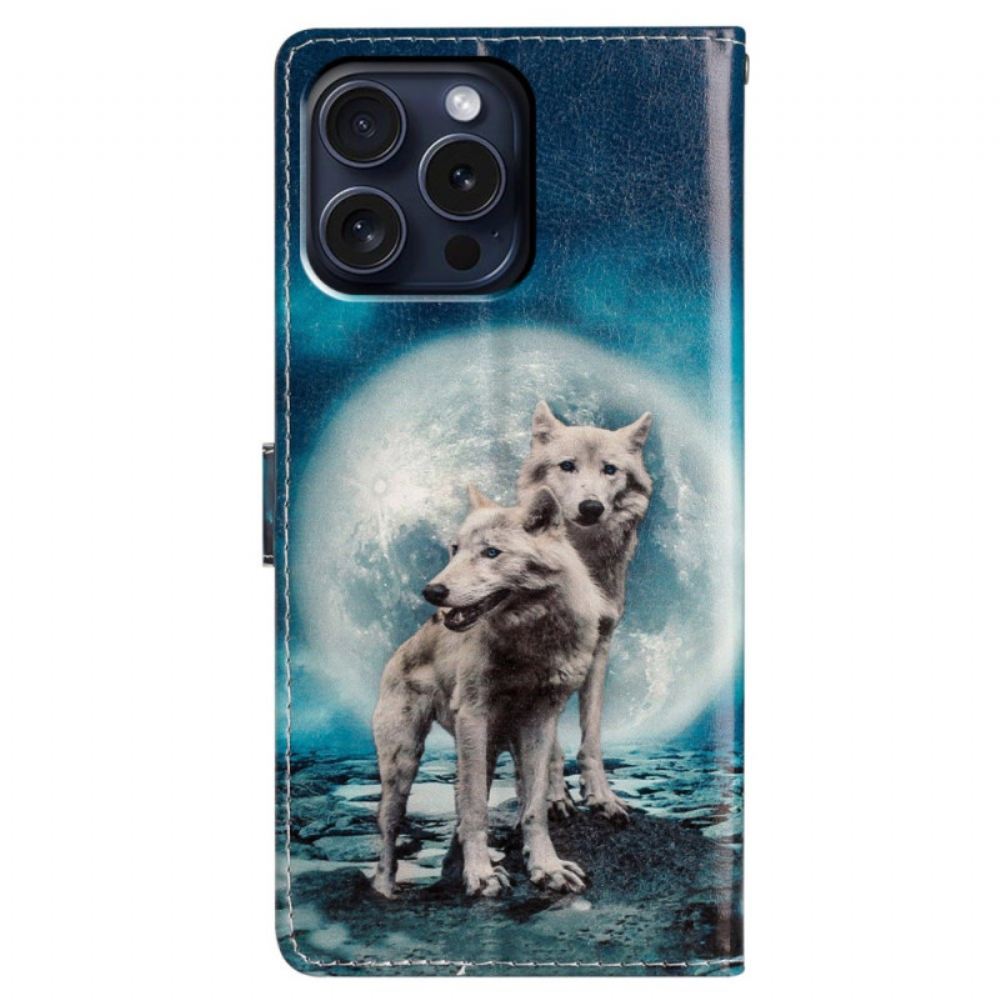 Kožený Kryt iPhone 16 Pro Dva Vlci S Popruhy