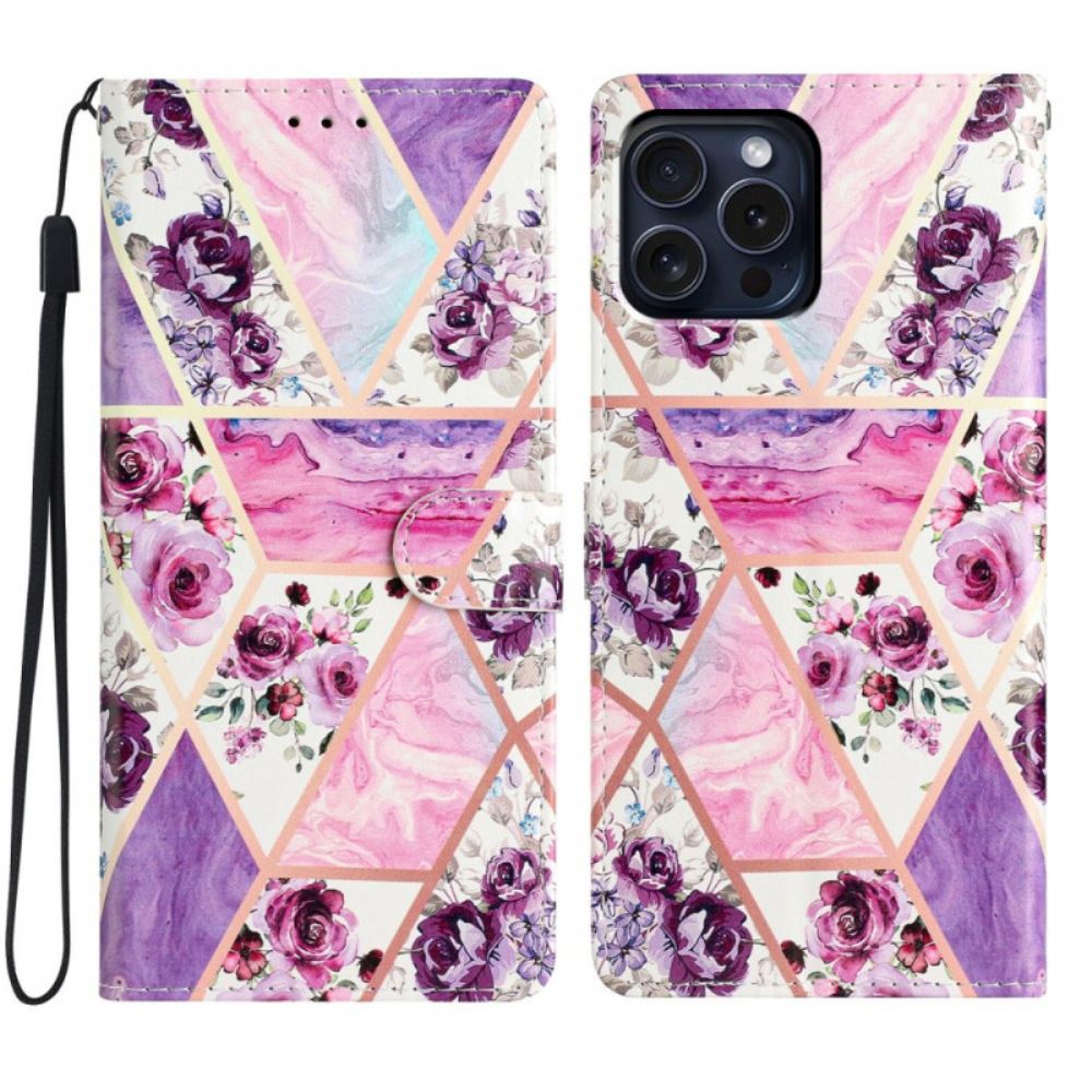 Kožený Kryt iPhone 16 Pro Fialové Květy S Páskem