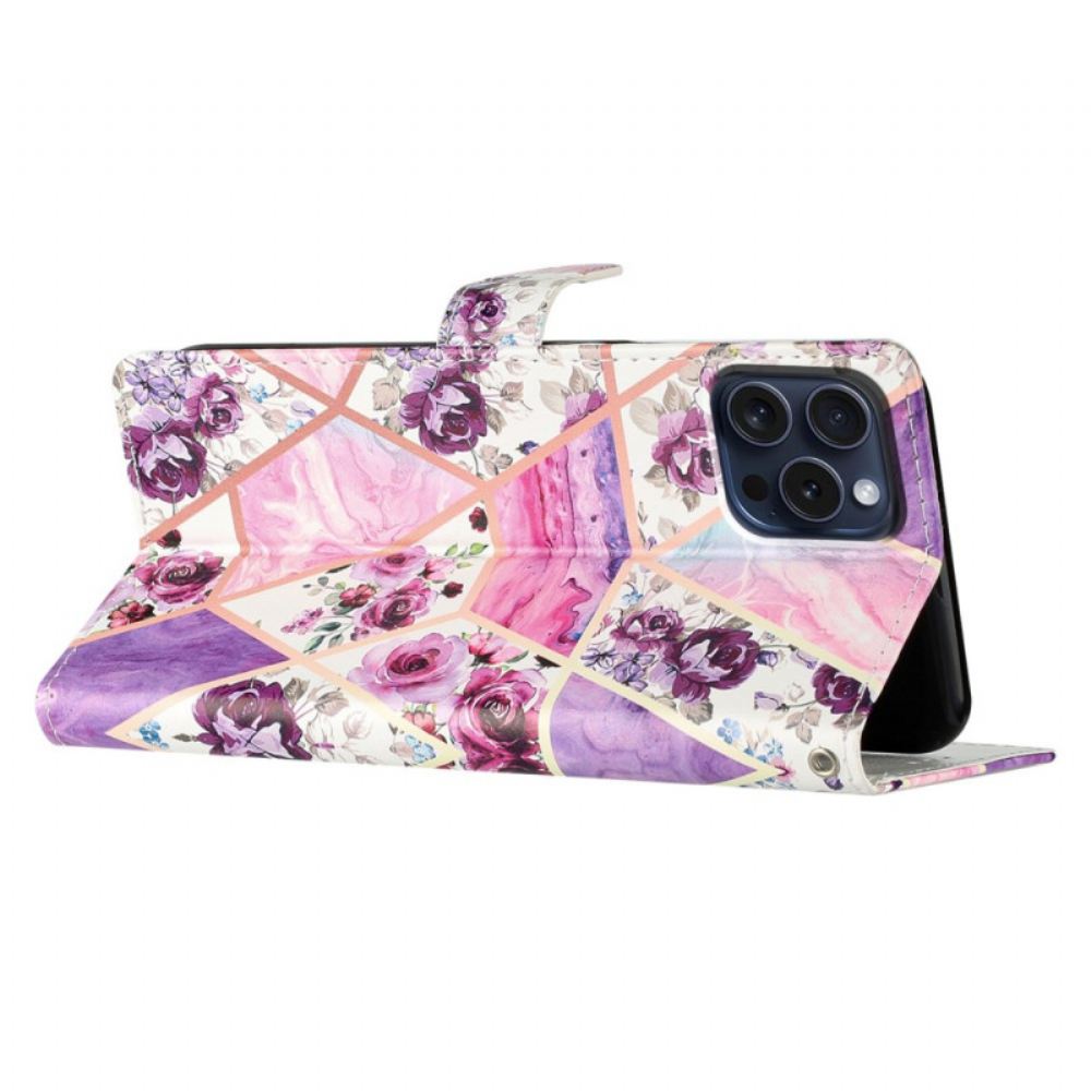 Kožený Kryt iPhone 16 Pro Fialové Květy S Páskem