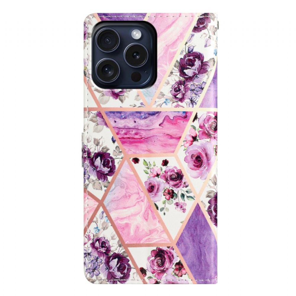 Kožený Kryt iPhone 16 Pro Fialové Květy S Páskem