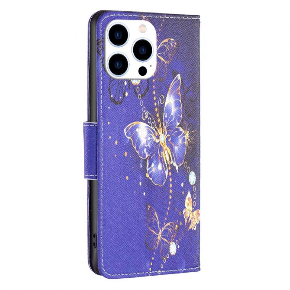 Kožený Kryt iPhone 16 Pro Fialoví Motýli
