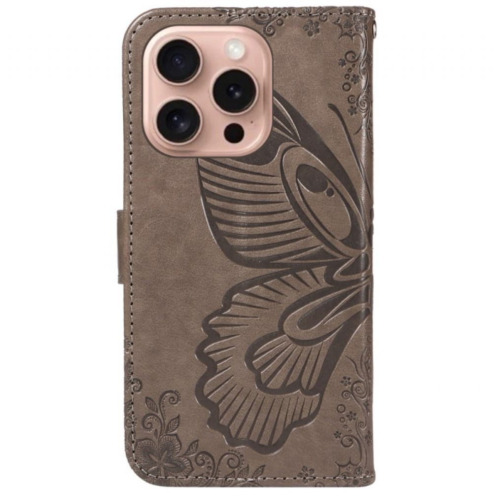 Kožený Kryt iPhone 16 Pro Grafický Motýl