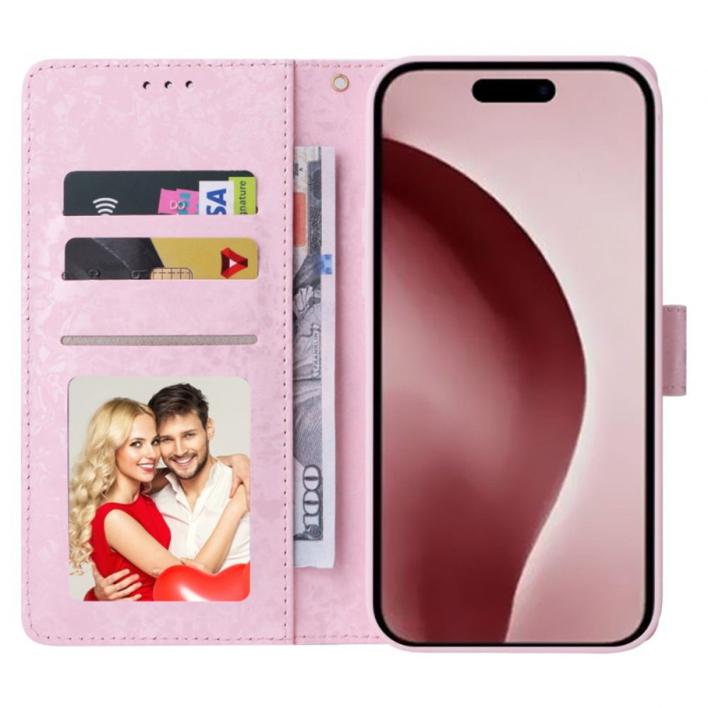 Kožený Kryt iPhone 16 Pro Květinová Peněženka Rfid Blocker