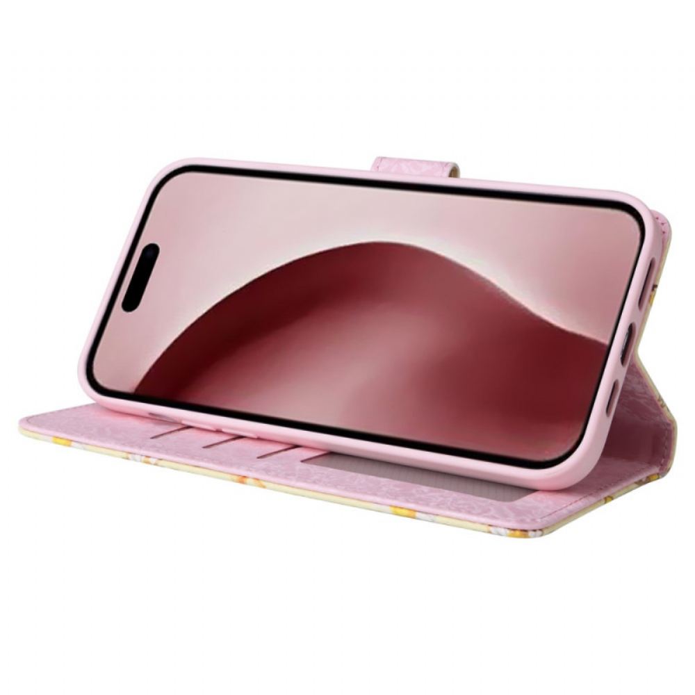 Kožený Kryt iPhone 16 Pro Květinová Peněženka Rfid Blocker