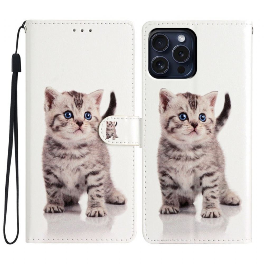 Kožený Kryt iPhone 16 Pro Malá Kočka S Popruhem