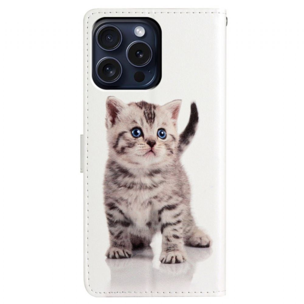 Kožený Kryt iPhone 16 Pro Malá Kočka S Popruhem