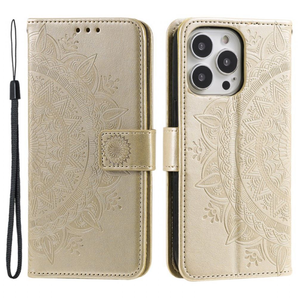 Kožený Kryt iPhone 16 Pro Mandala Sun S Popruhem