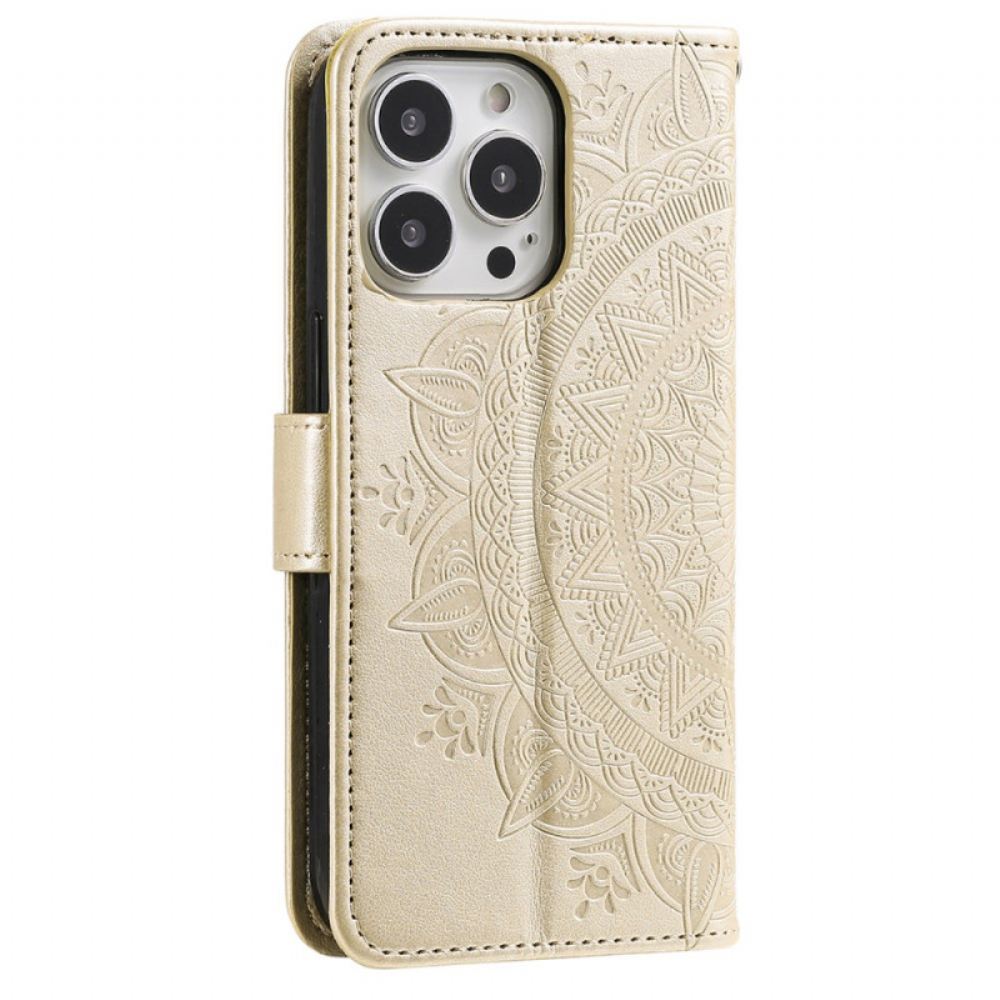 Kožený Kryt iPhone 16 Pro Mandala Sun S Popruhem
