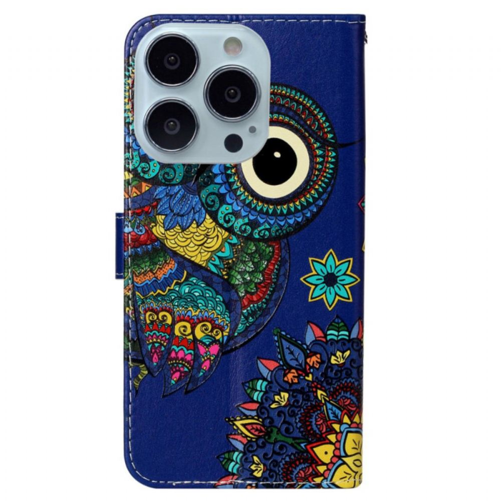 Kožený Kryt iPhone 16 Pro Modrá Sova S Popruhem