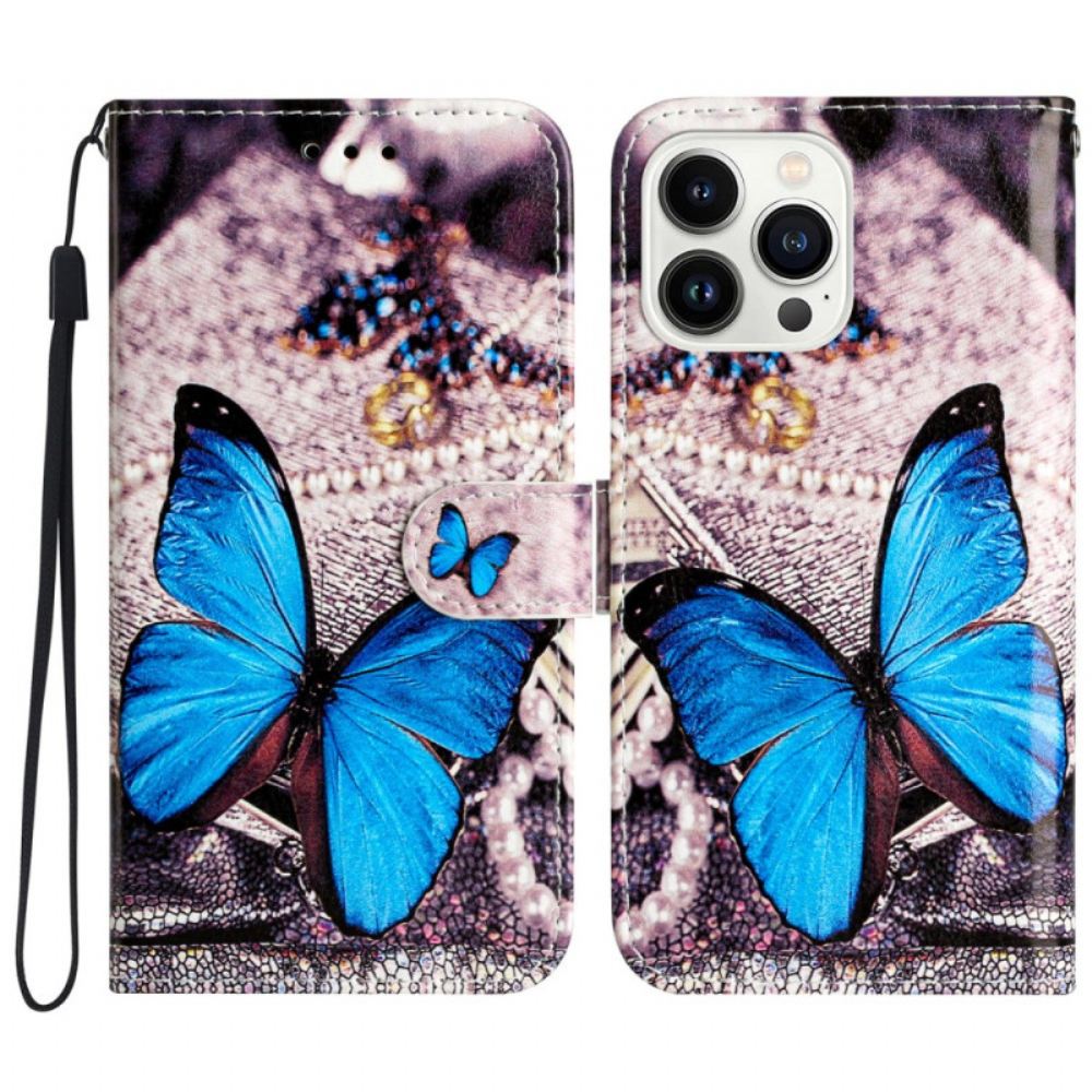Kožený Kryt iPhone 16 Pro Modrý Motýl S Řemínkem