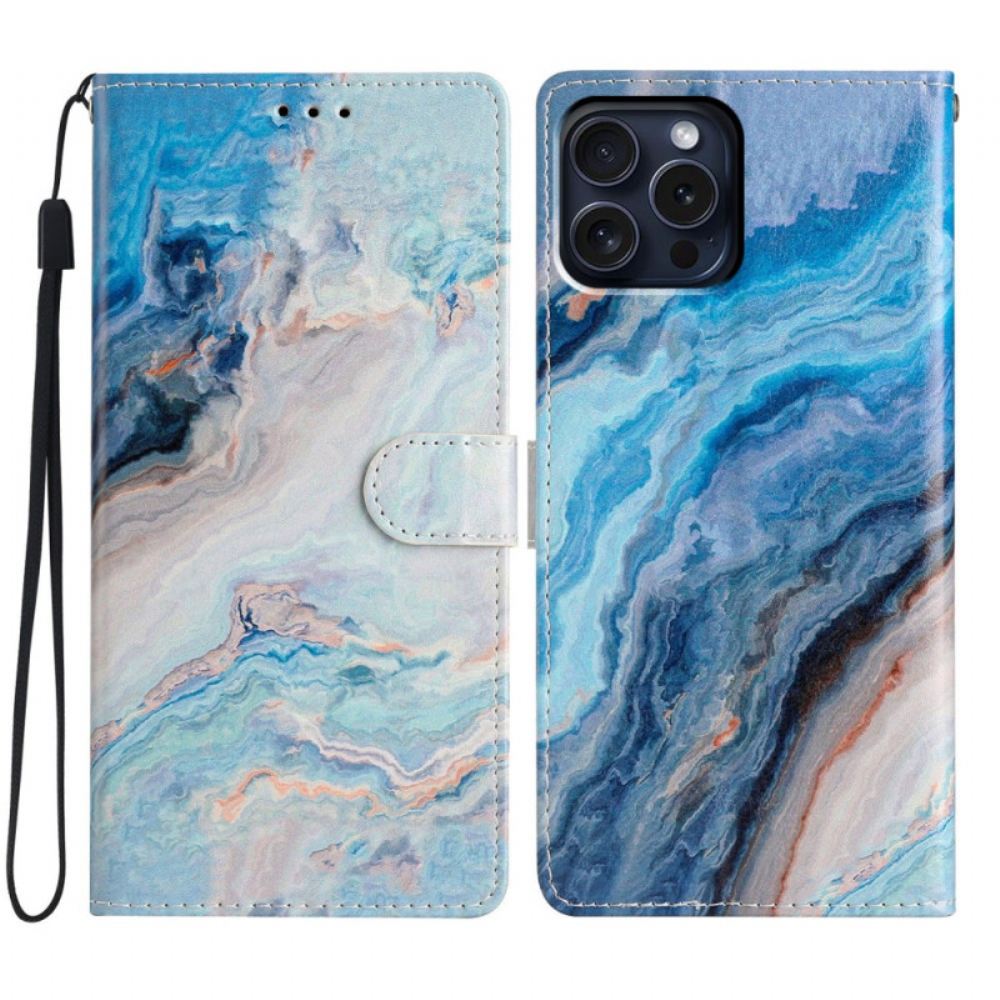 Kožený Kryt iPhone 16 Pro Modrý Mramor S Popruhem
