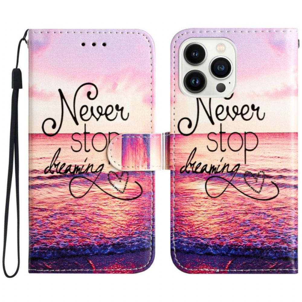 Kožený Kryt iPhone 16 Pro Nikdy Nepřestávejte Snít S Popruhem