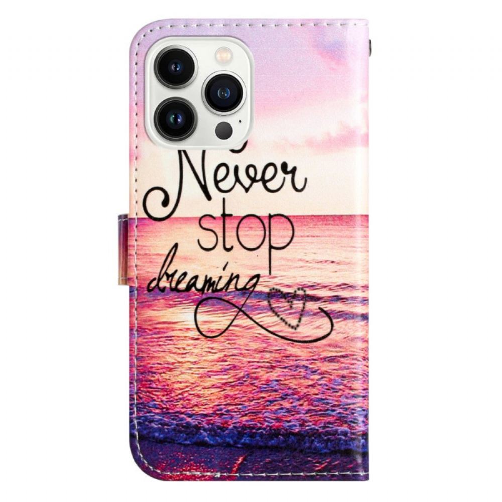Kožený Kryt iPhone 16 Pro Nikdy Nepřestávejte Snít S Popruhem