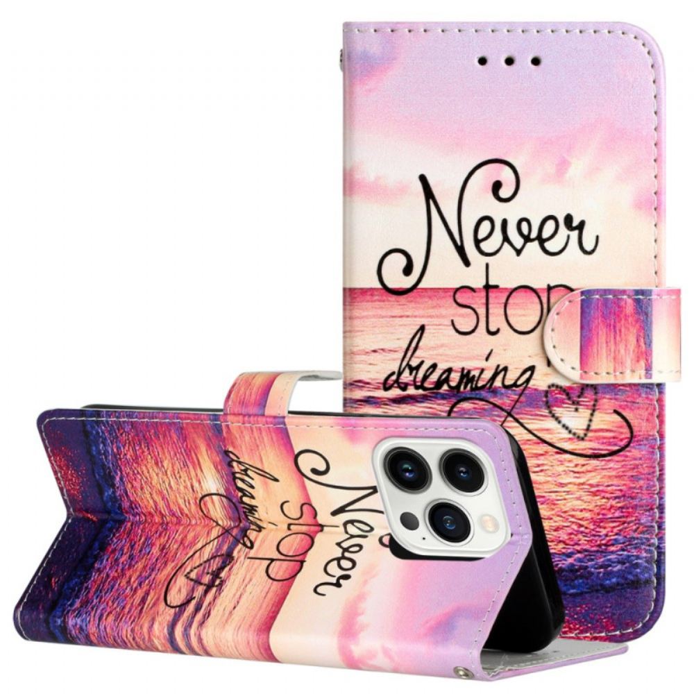 Kožený Kryt iPhone 16 Pro Nikdy Nepřestávejte Snít S Popruhem