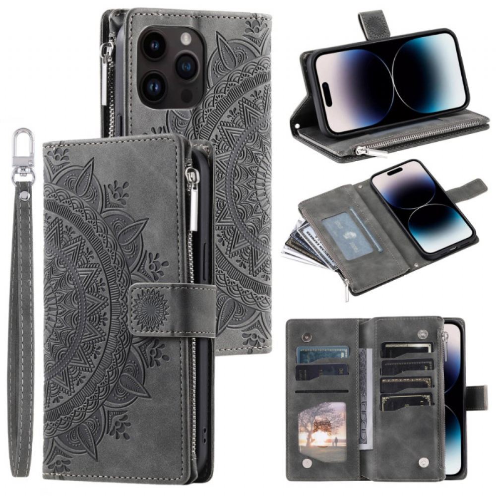 Kožený Kryt iPhone 16 Pro Peněženka Mandala Suede Effect