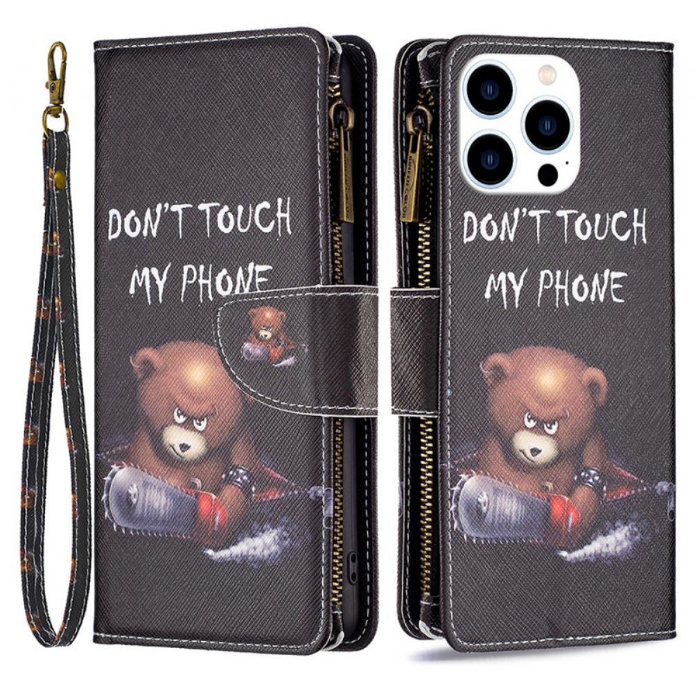 Kožený Kryt iPhone 16 Pro Peněženka S Nebezpečným Medvědem