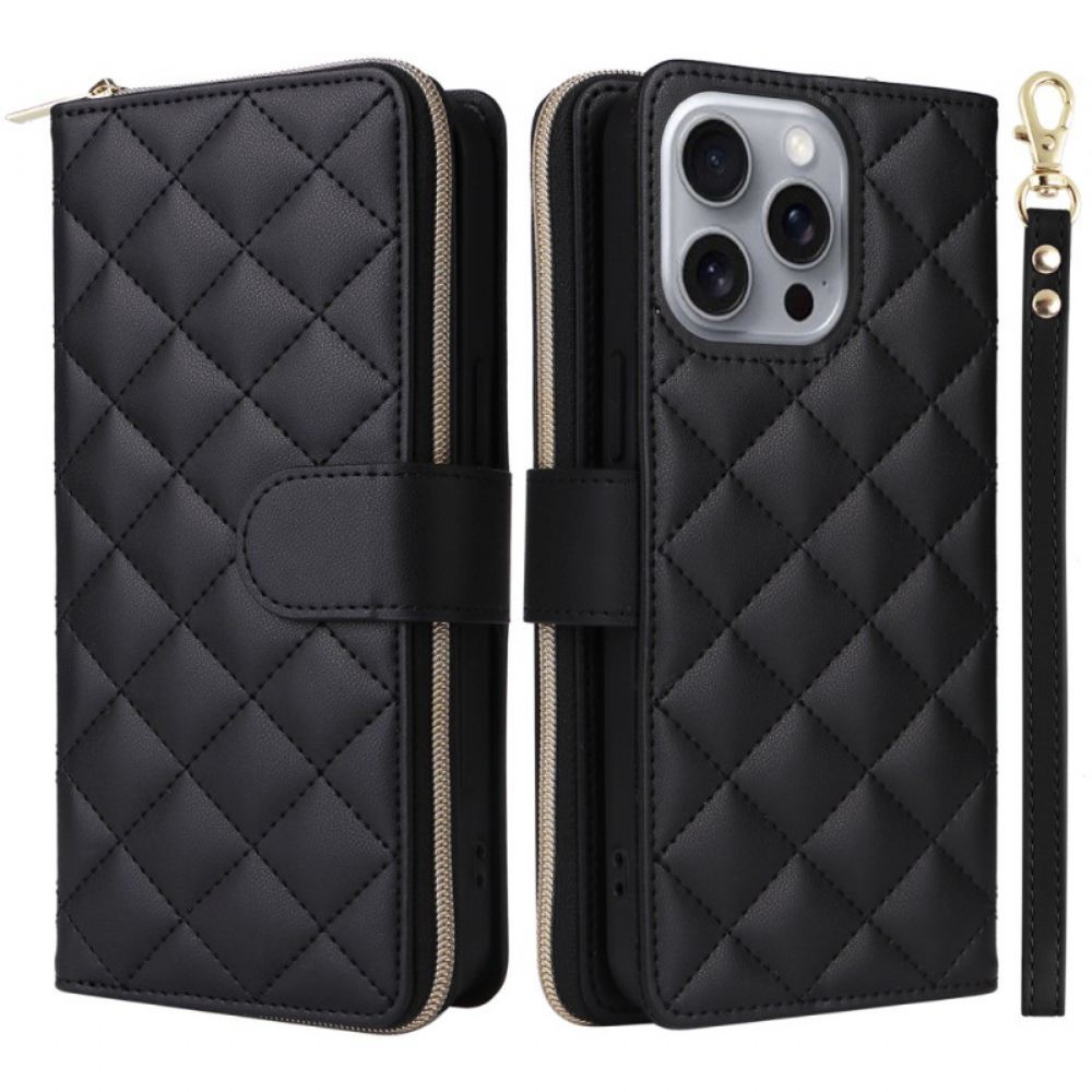 Kožený Kryt iPhone 16 Pro Polstrovaný Popruh A Ramenní Popruh