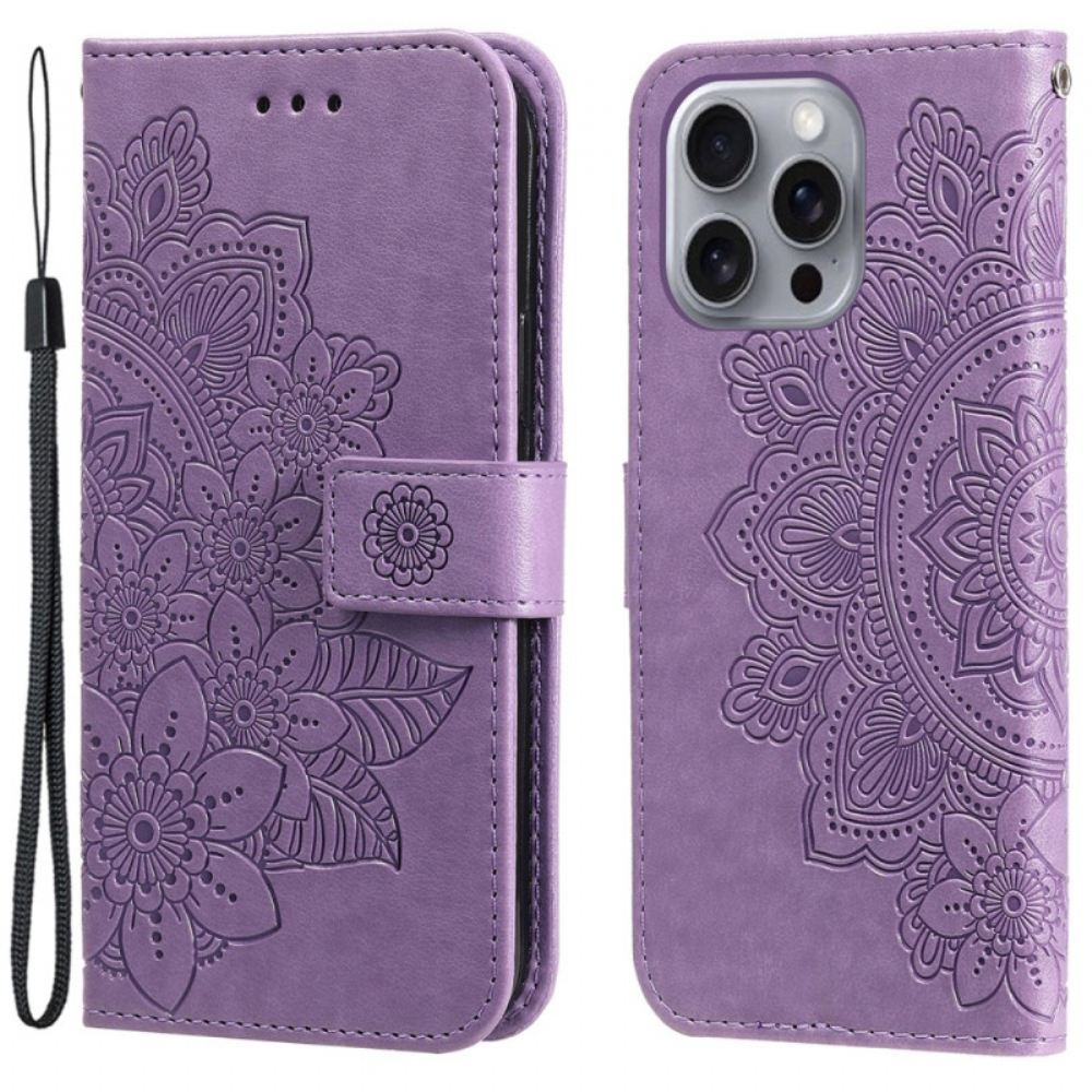 Kožený Kryt iPhone 16 Pro Potisk Mandaly S Páskem