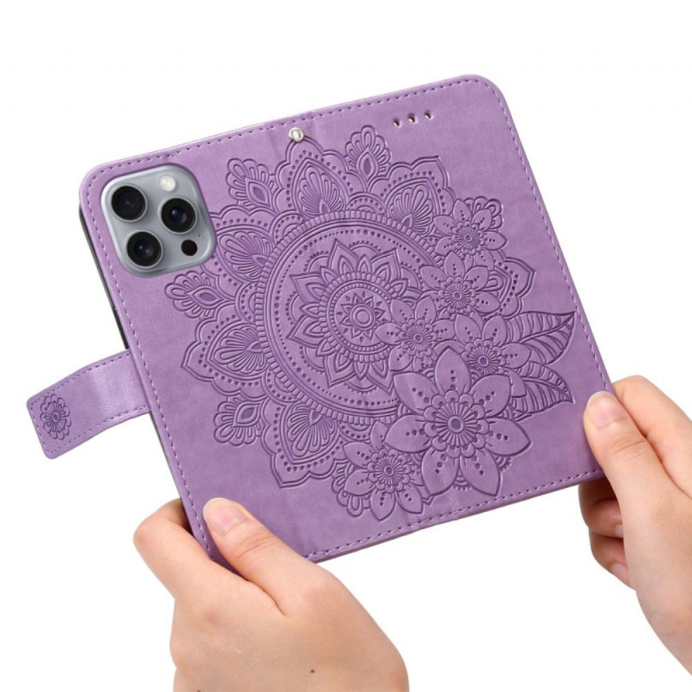 Kožený Kryt iPhone 16 Pro Potisk Mandaly S Páskem