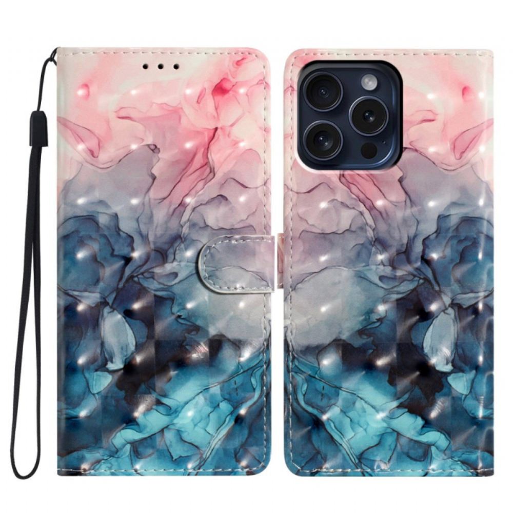 Kožený Kryt iPhone 16 Pro Růžový A Modrý Mramor S Popruhem