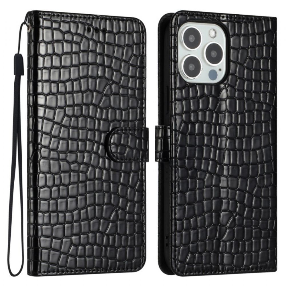 Kožený Kryt iPhone 16 Pro Styl Krokodýl S Popruhem