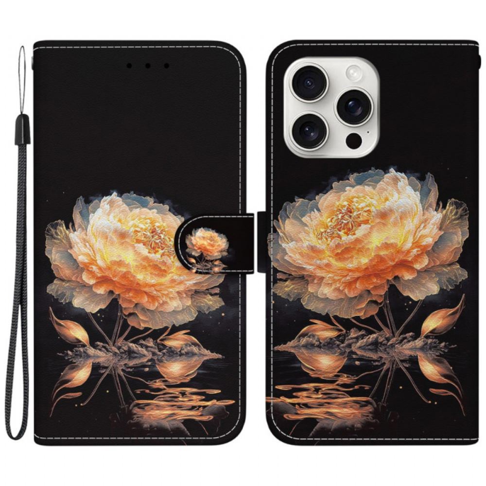 Kožený Kryt iPhone 16 Pro Zlatá Pivoňka S Řemínkem