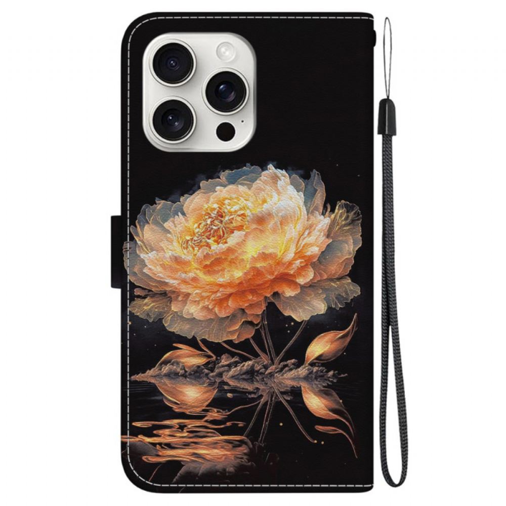 Kožený Kryt iPhone 16 Pro Zlatá Pivoňka S Řemínkem