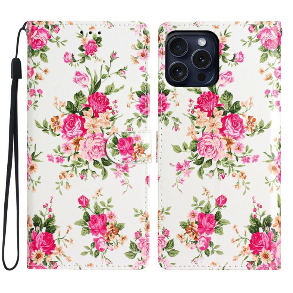 Kožený Kryt iPhone 16 Pro Červené Květy S Popruhem