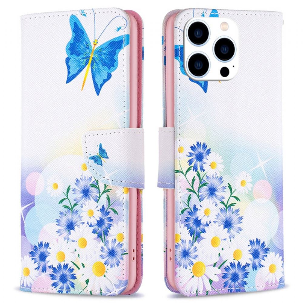 Kožený Kryt Na iPhone 16 Pro Akvareloví Motýli