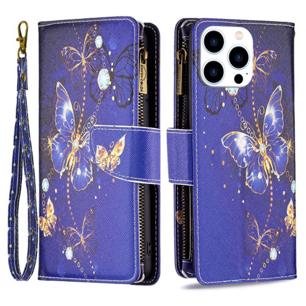 Kožený Kryt Na iPhone 16 Pro Peněženka Purple Butterflies
