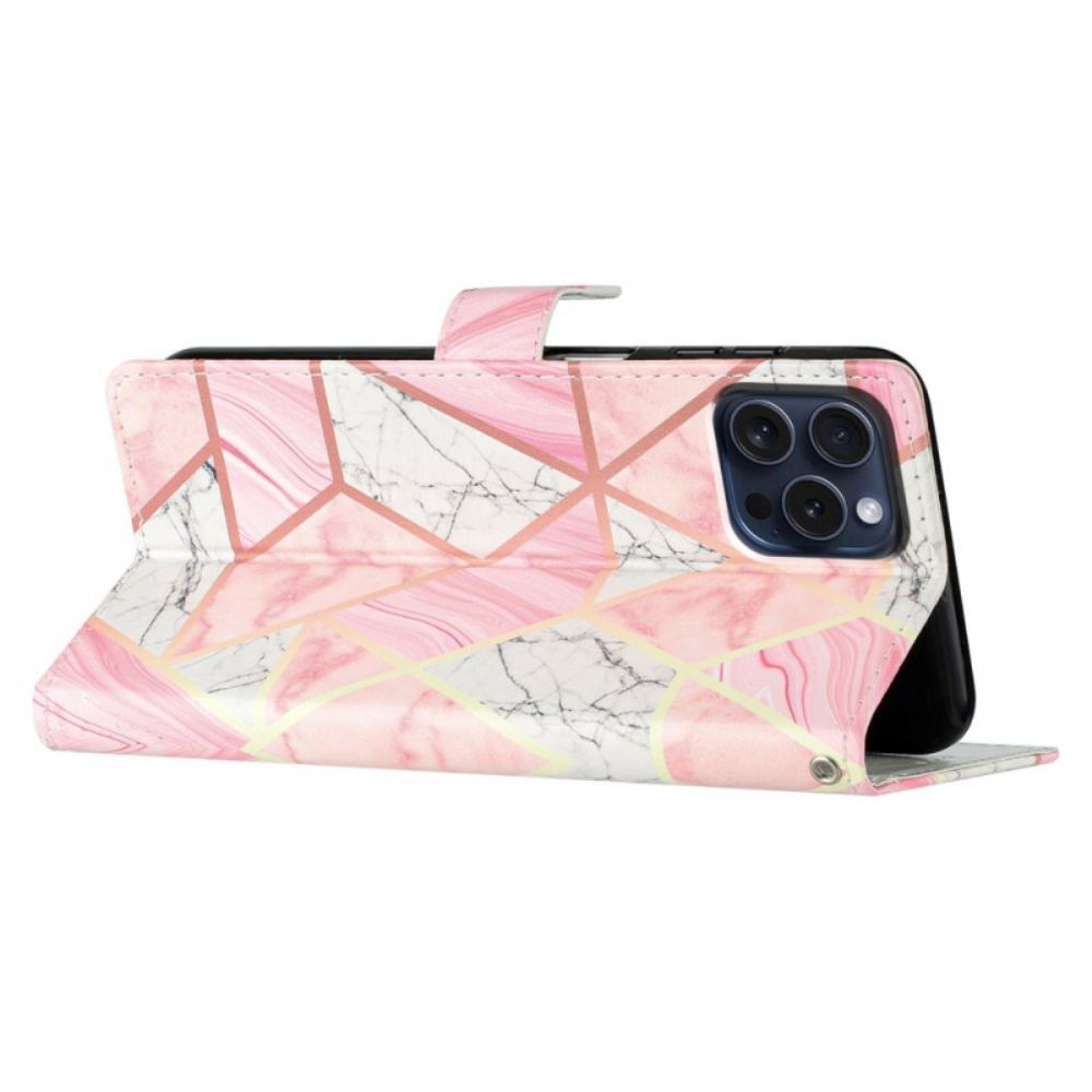 Kožený Kryt Na iPhone 16 Pro Růžový Mramor S Popruhem