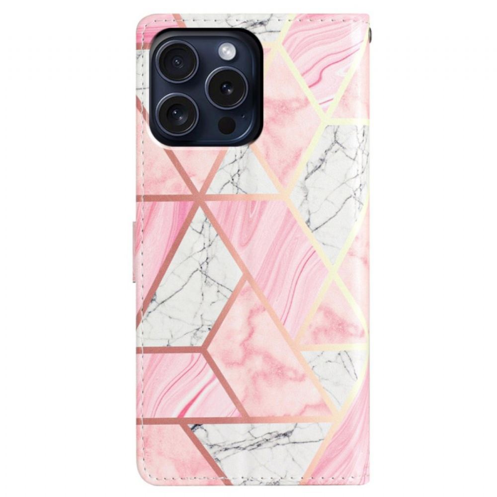 Kožený Kryt Na iPhone 16 Pro Růžový Mramor S Popruhem