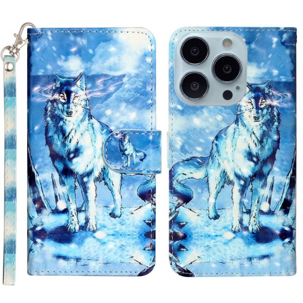 Kožený Kryt Na iPhone 16 Pro Sněžný Vlk S Popruhem