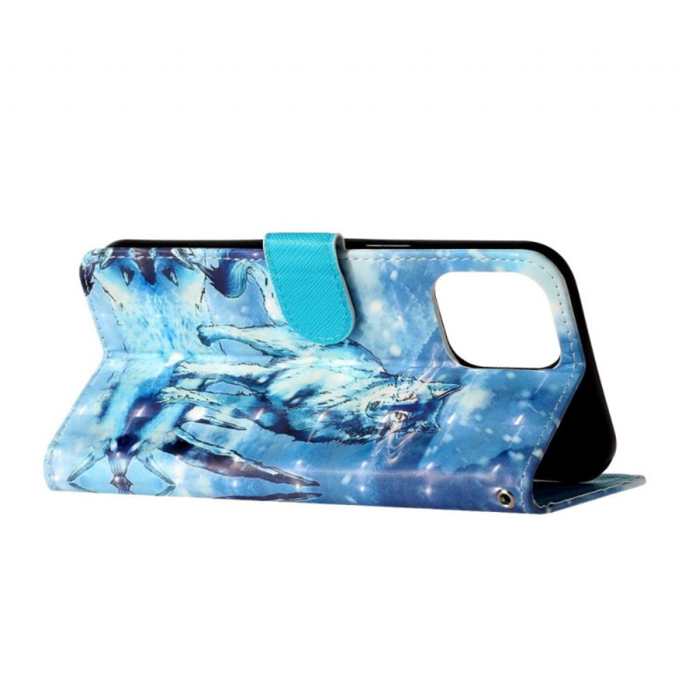Kožený Kryt Na iPhone 16 Pro Sněžný Vlk S Popruhem