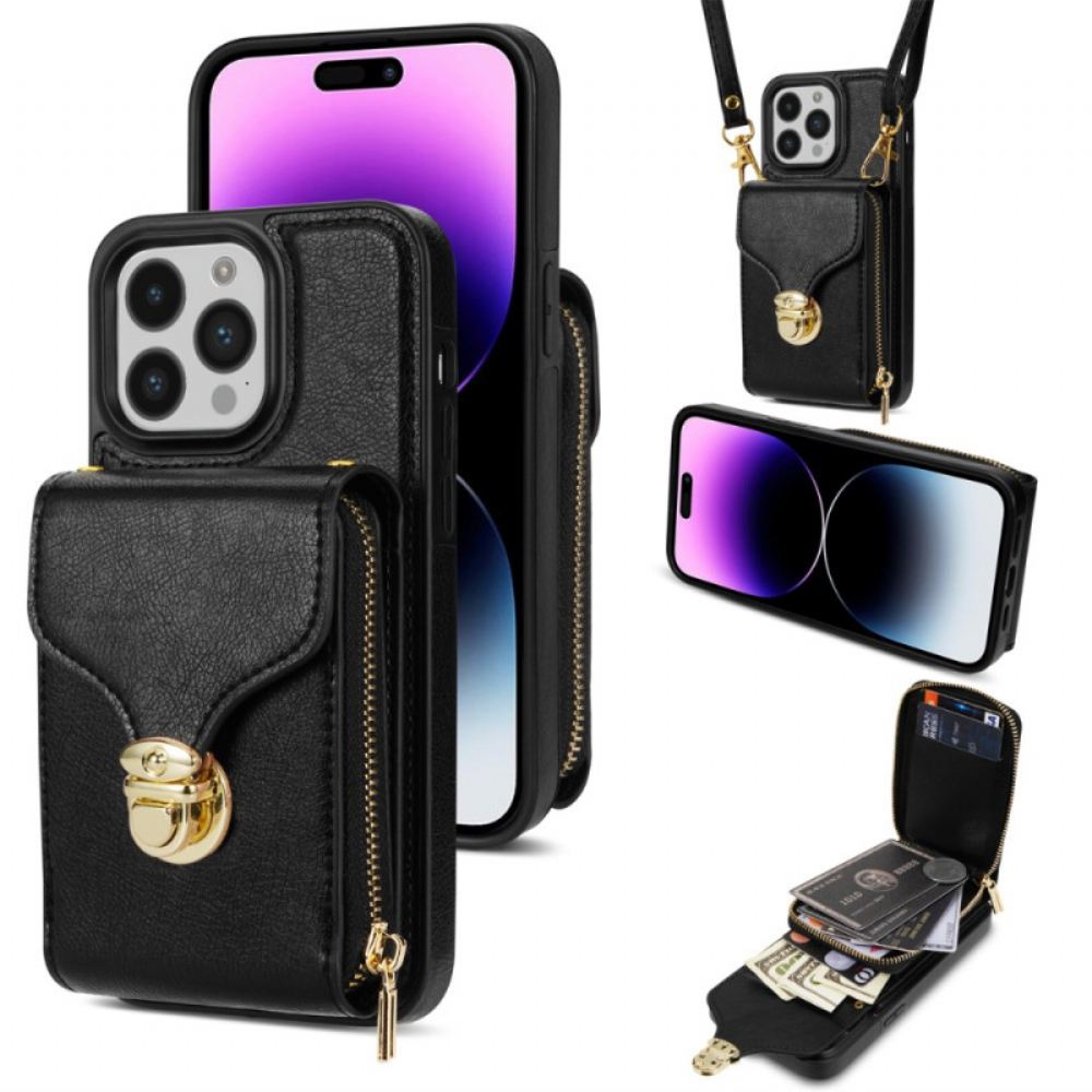 Kryt iPhone 16 Pro Kryty Na Mobil Peněženka A Popruh Přes Rameno