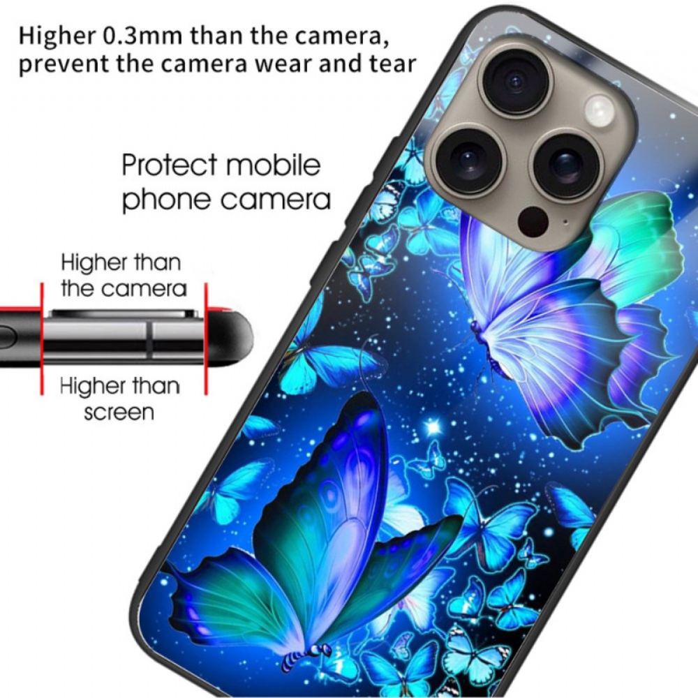 Kryt iPhone 16 Pro Modrí Motýli Z Tvrzeného Skla