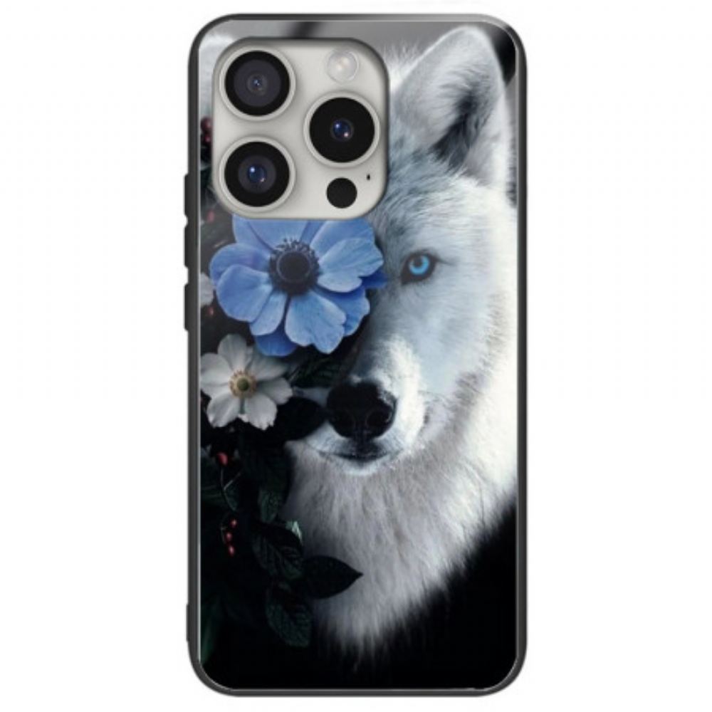 Kryt iPhone 16 Pro Vlk Z Tvrzeného Skla A Modrý Květ
