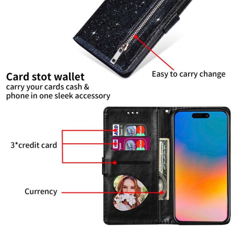 Peněženková Pouzdra iPhone 16 Pro Kryty Na Mobil Flitrová Kapsa Na Zip