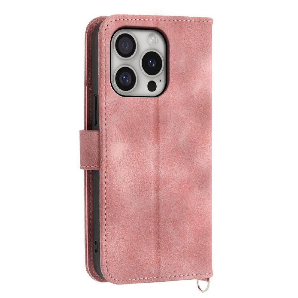 Peněženková Pouzdra iPhone 16 Pro Kryty Na Mobil Krajkový Vzor S Popruhem A Popruhem Přes Rameno