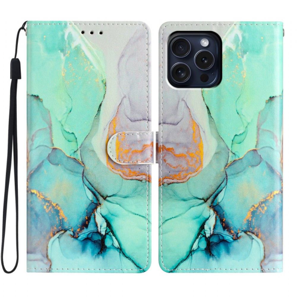 Peněženková Pouzdra iPhone 16 Pro Kryty Na Mobil Světle Zelený Mramor S Popruhem