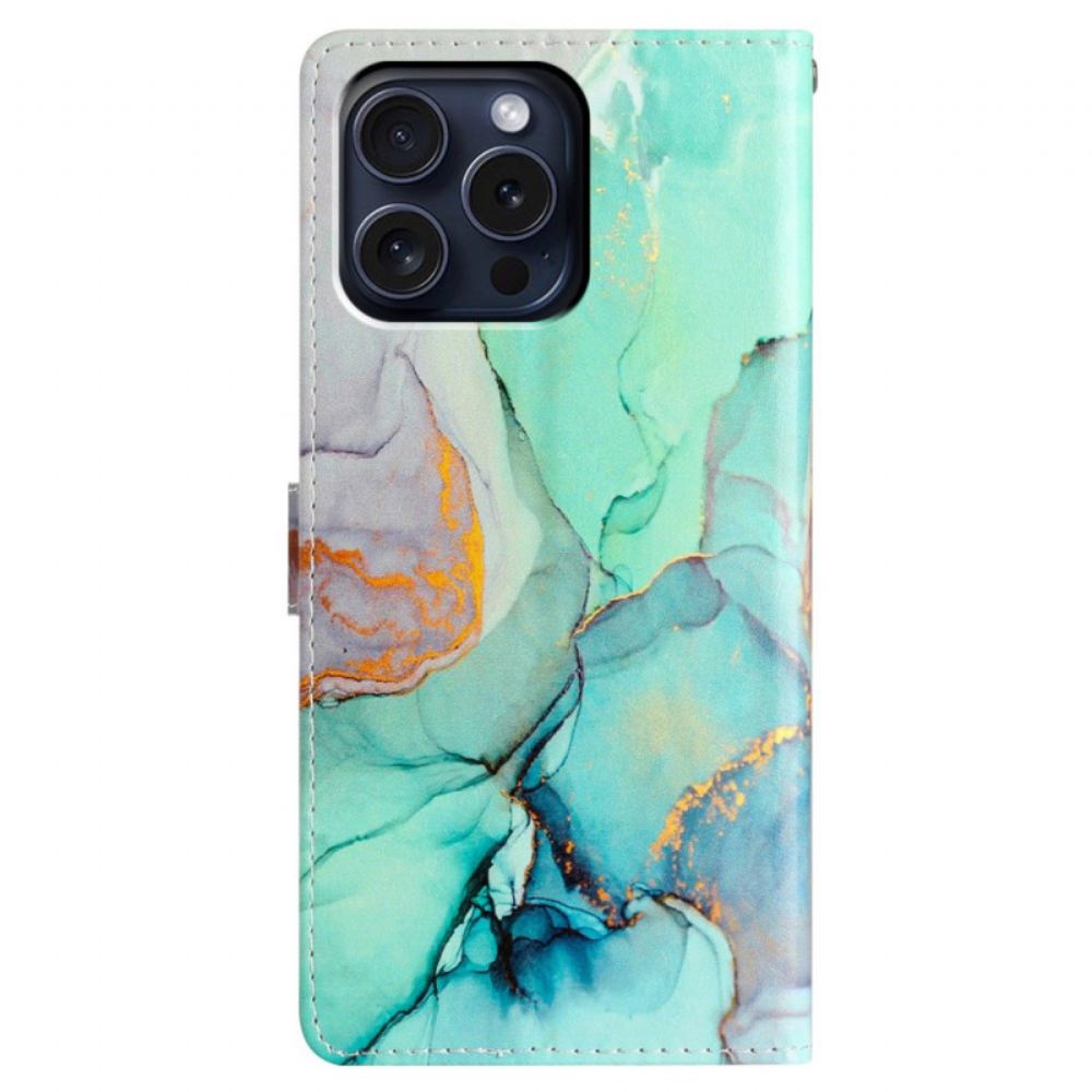 Peněženková Pouzdra iPhone 16 Pro Kryty Na Mobil Světle Zelený Mramor S Popruhem