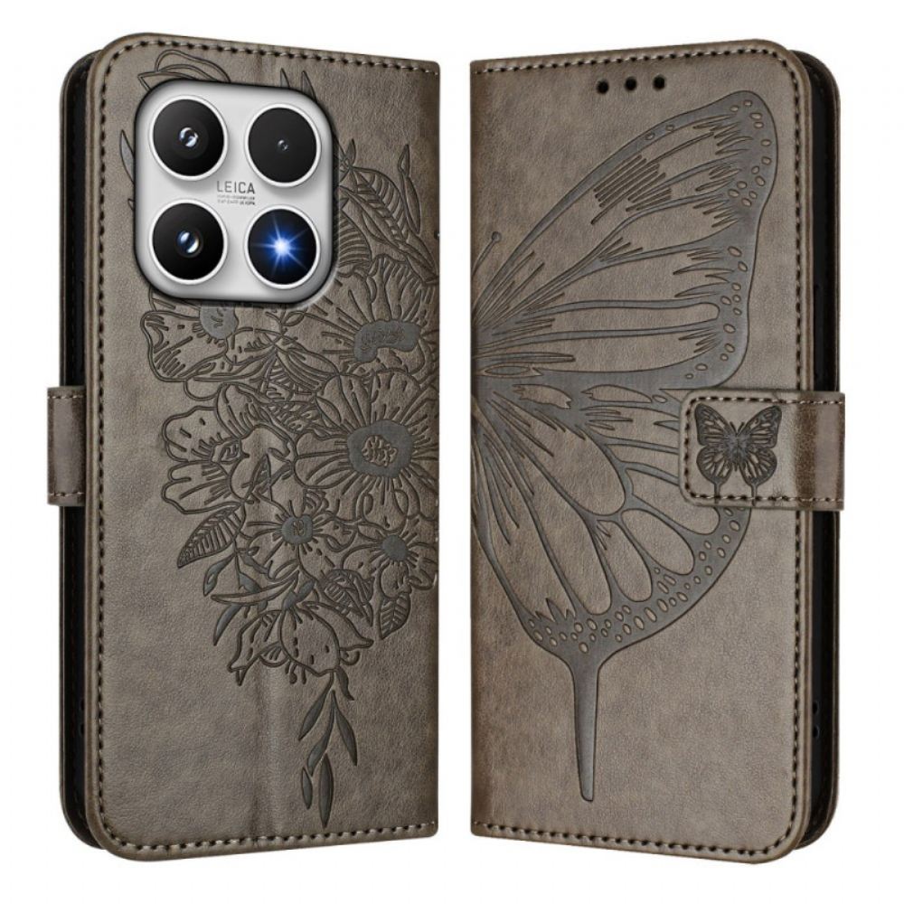 Kožený Kryt Xiaomi 17 Motýlí Design S Popruhem