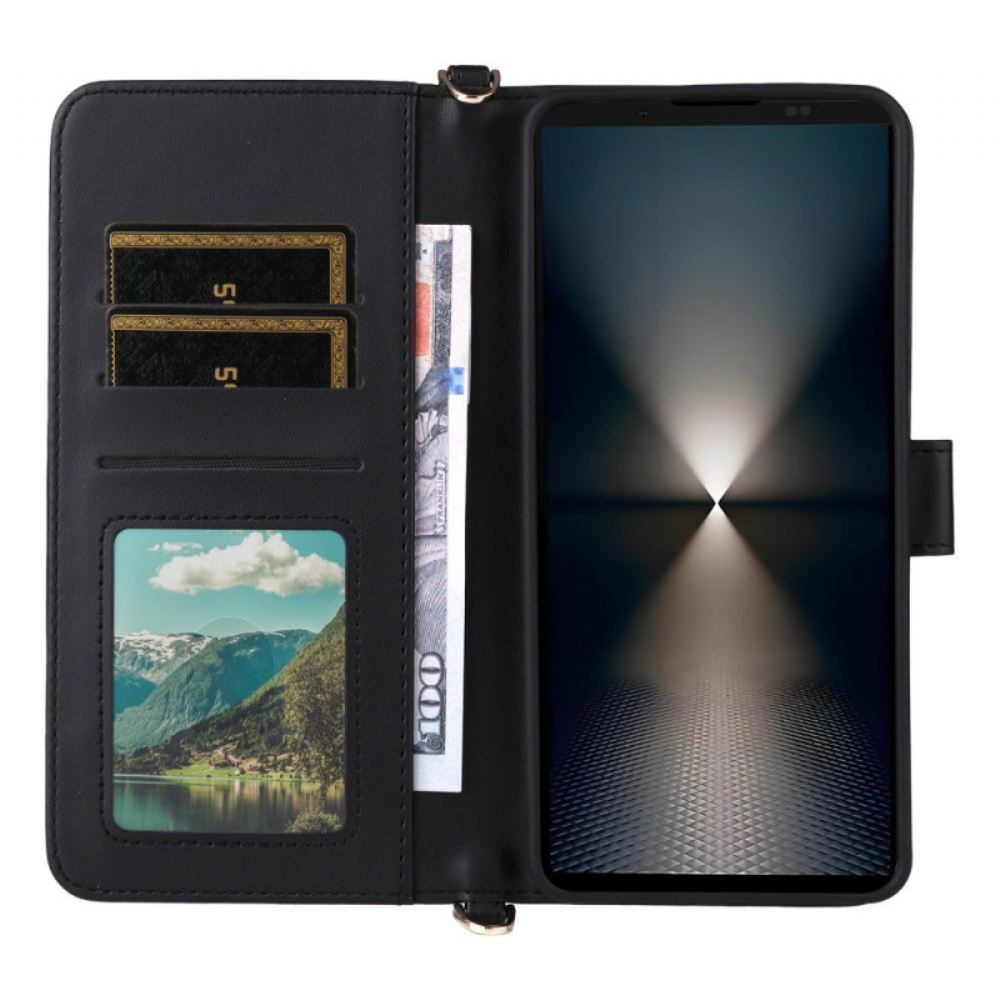 Kožený Kryt Na Sony Xperia 1 Vii Prošívané S Popruhem A Ramenním Popruhem