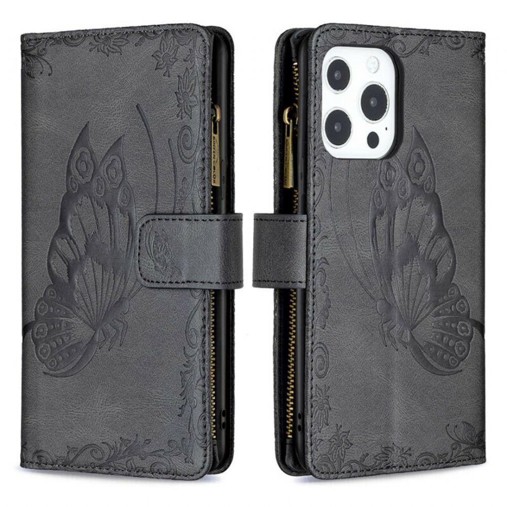 Kožené Pouzdro Na iPhone 13 Pro Motýlí Barokní Kapsa Na Zip