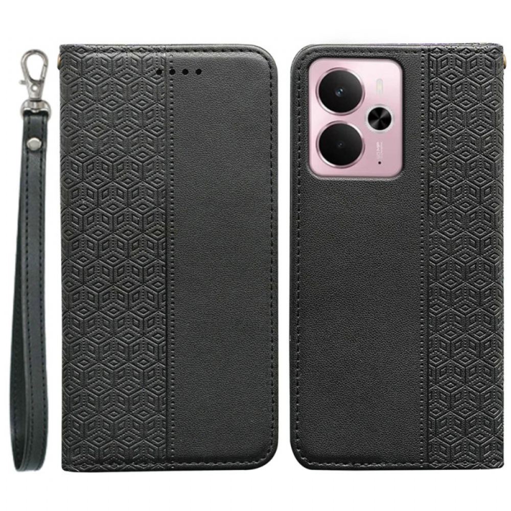 Kožené Pouzdro Folio Na Realme 14 5g Kostkovaný Okraj A Pásek