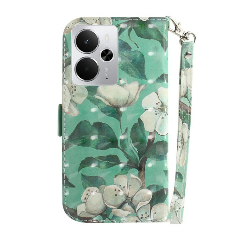 Kožený Kryt Na Realme 14 5g Bílé Květiny Se Šňůrkou