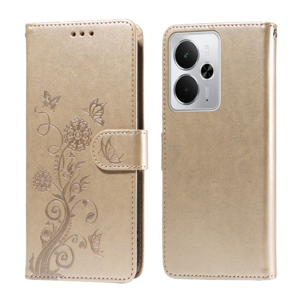 Kožený Kryt Na Realme 14 5g Květiny A Motýli