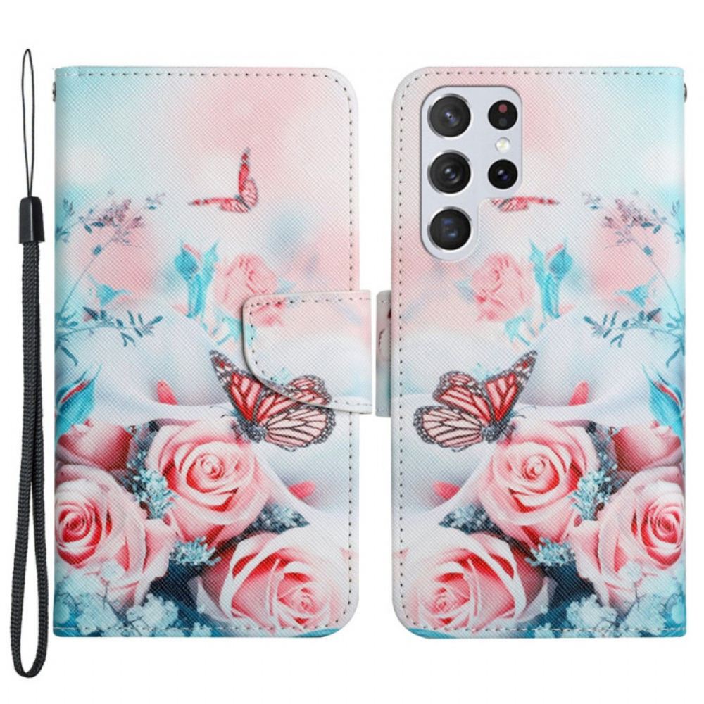 Flipové Pouzdro Na Samsung Galaxy S22 Ultra 5G Kytice Květin A Motýlů