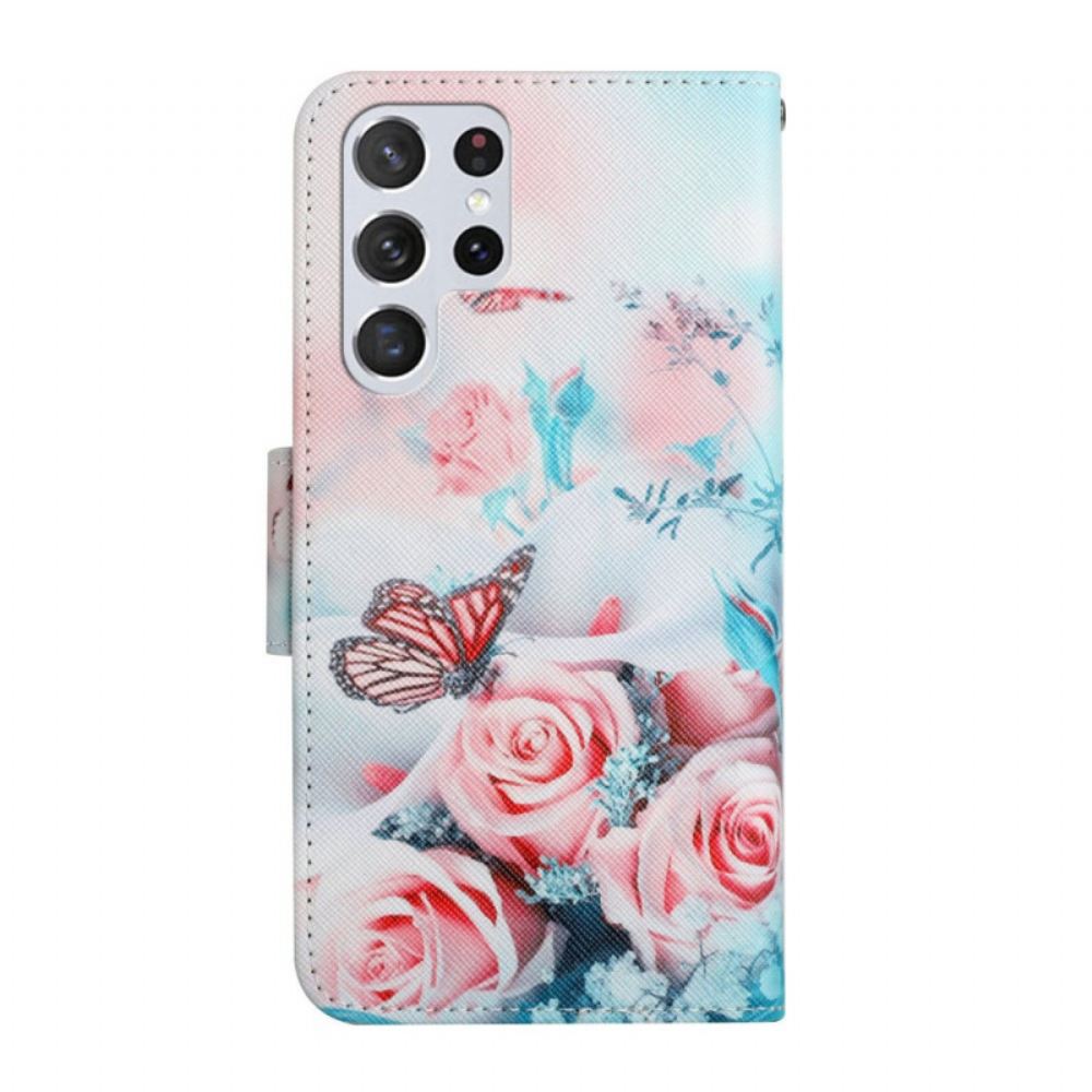 Flipové Pouzdro Na Samsung Galaxy S22 Ultra 5G Kytice Květin A Motýlů